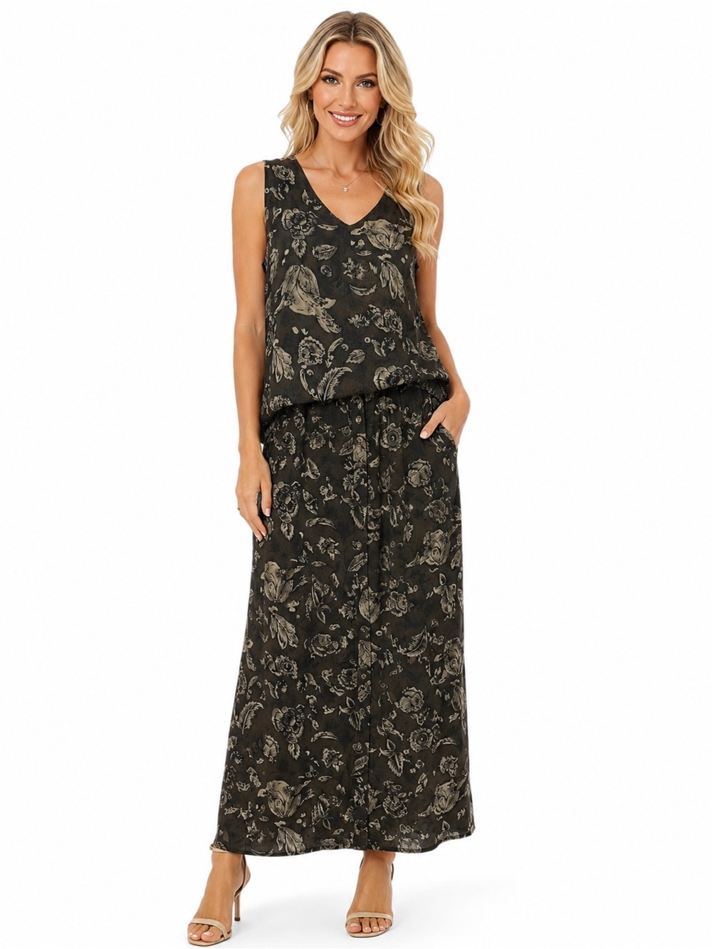 Women’s 2 Pc Floral Skirt Set Medium Sleeveless V Neck Button Front Maxi Skirt